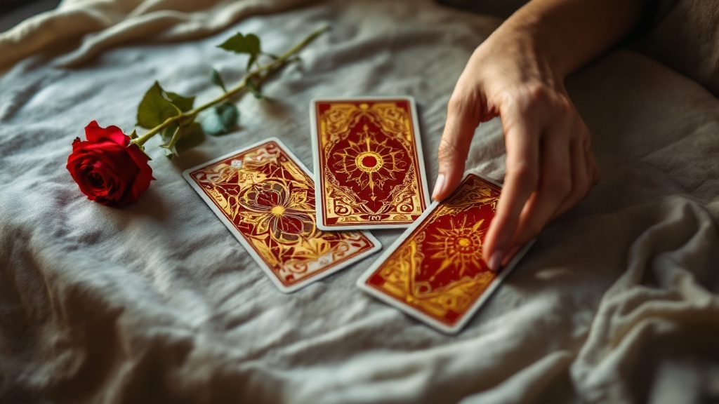 Une main hésite au-dessus de trois cartes de tarot retournées, à côté d'une rose rouge