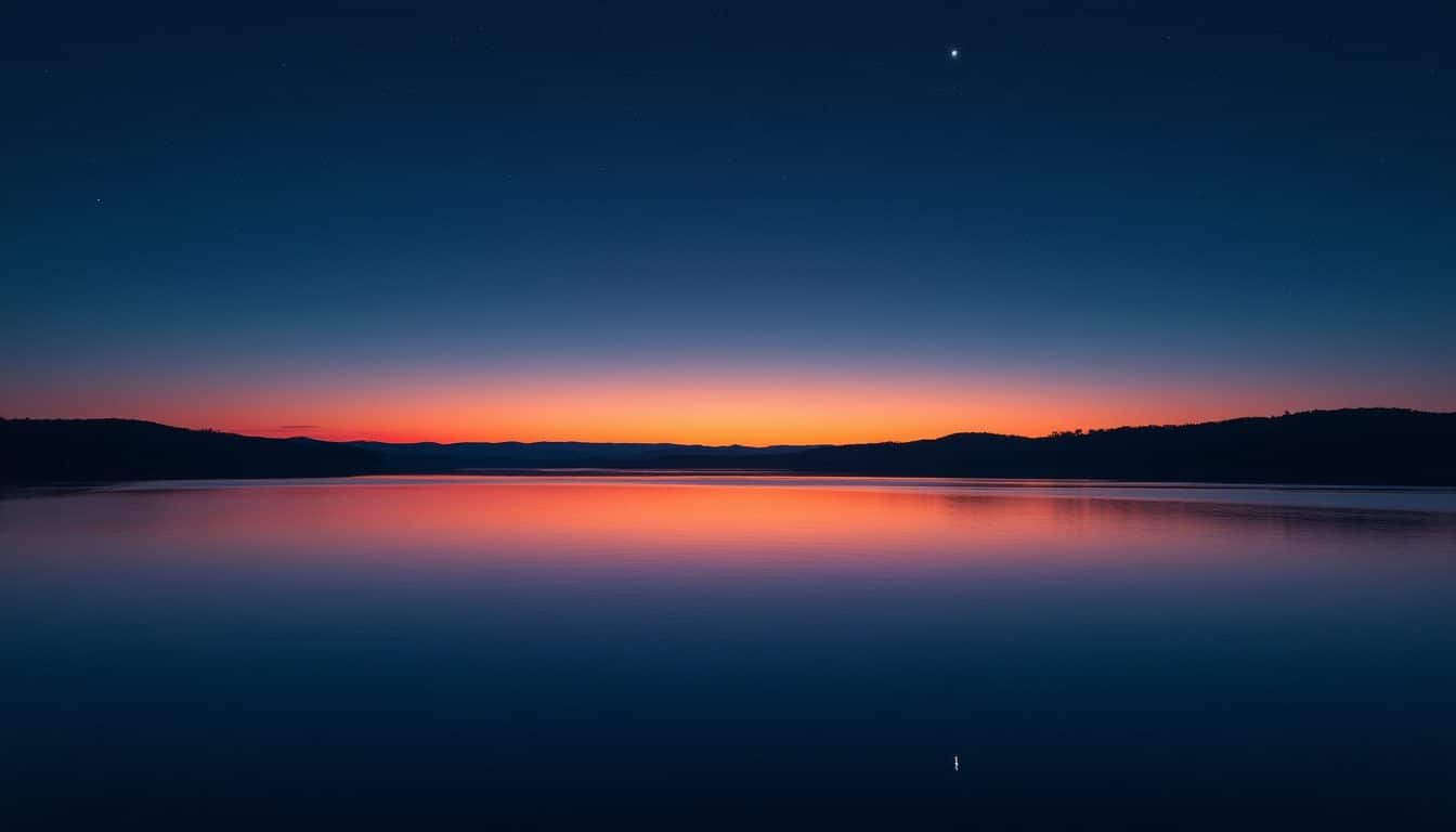 Un ciel du soir au-dessus d'un lac, entre la dernière lueur orange et le bleu de la nuit