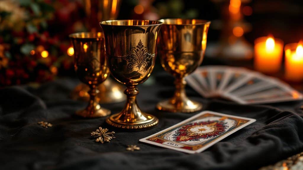 Coupes anciennes en laiton et en argent sur une nappe sombre, à côté de cartes de tarot vues de dos