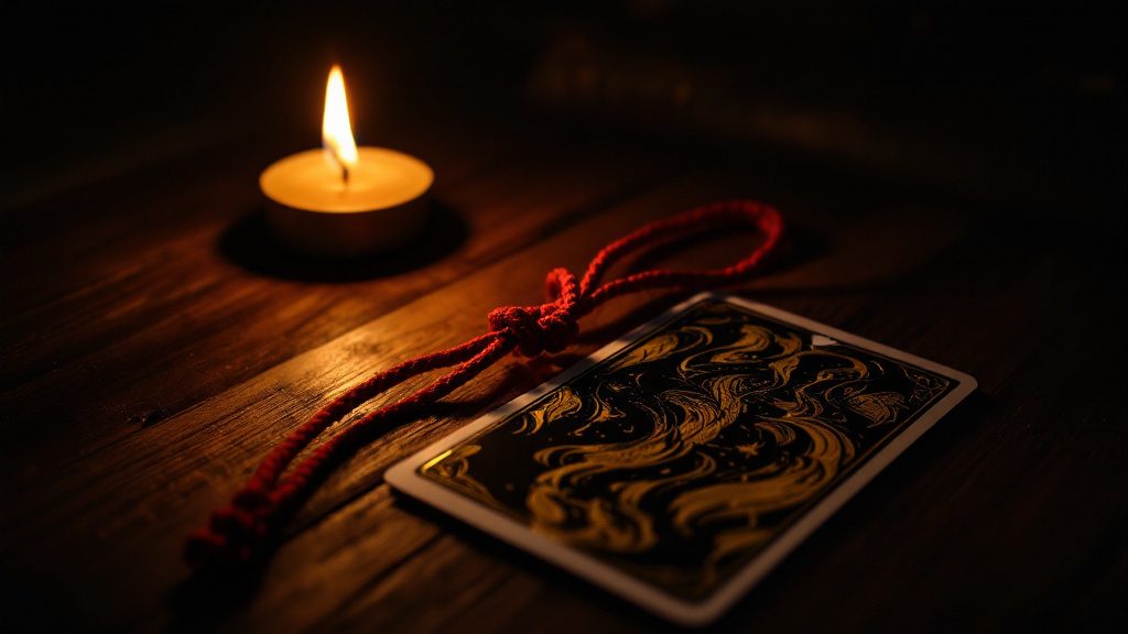 Une cordelette rouge posée sur une carte de tarot retournée, à la lueur d'une bougie