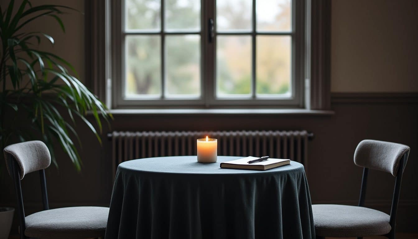 Petite table ronde couverte d'un tissu sombre, avec une bougie allumée, un carnet fermé et deux chaises vides face à face