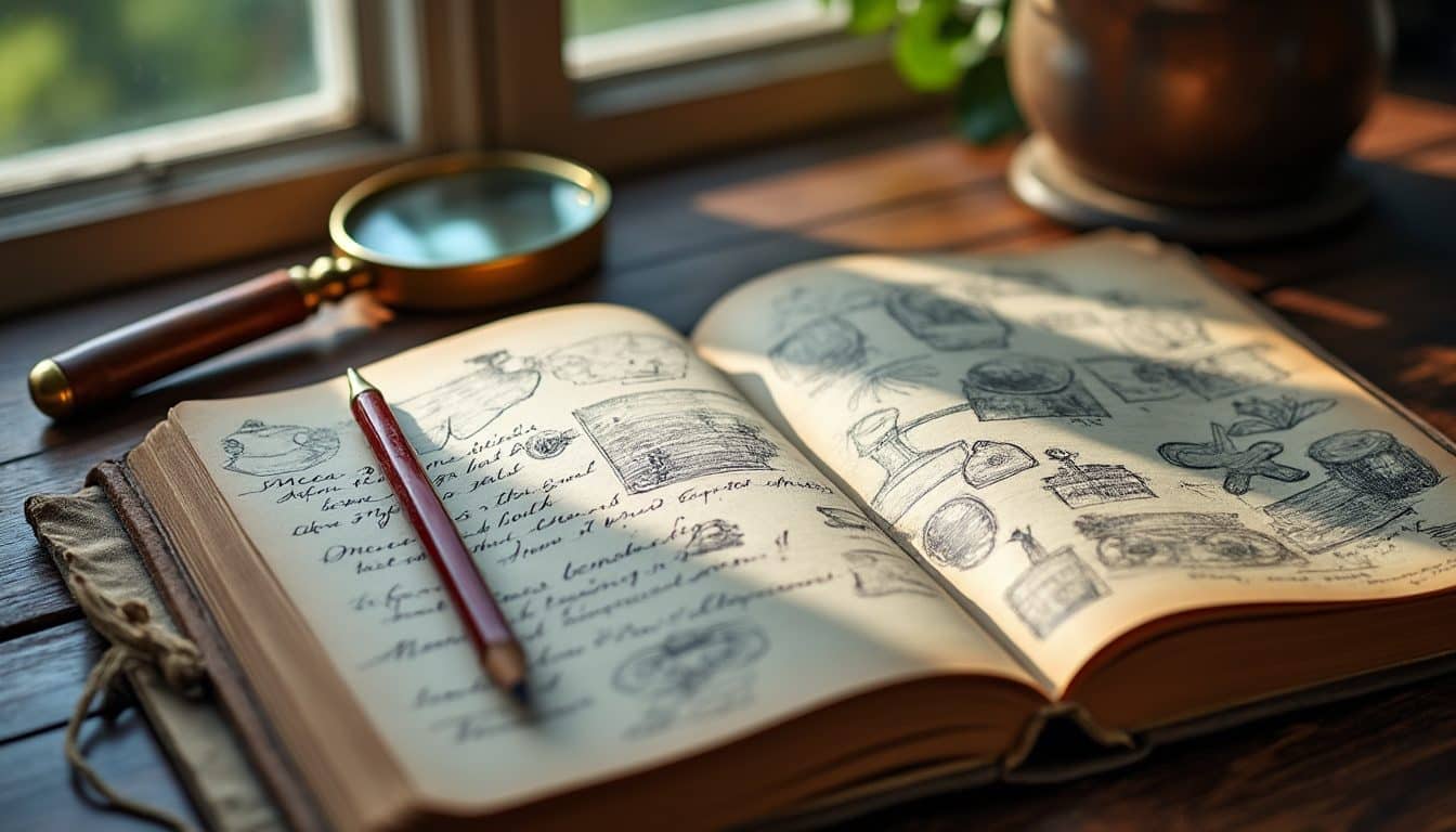 Carnet ancien ouvert, loupe en laiton et crayon posés sur un bureau en bois à la lumière du matin