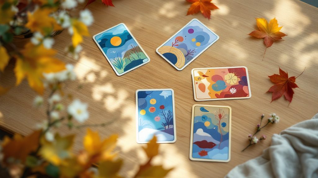Cinq cartes d'oracle disposées en croix sur une table en bois clair, avec des feuilles d'automne