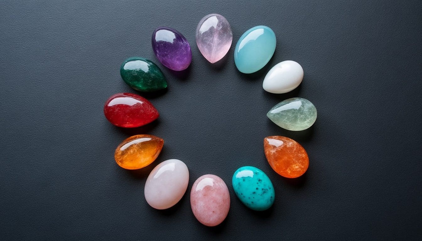 Douze petites pierres précieuses de couleurs différentes disposées en cercle sur une ardoise sombre