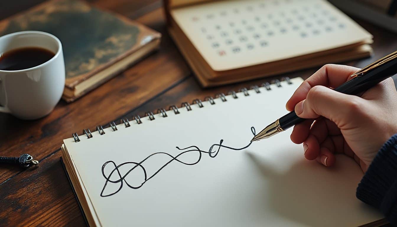 Main qui écrit au stylo plume dans un carnet, à côté d'une tasse de café sur une table en bois