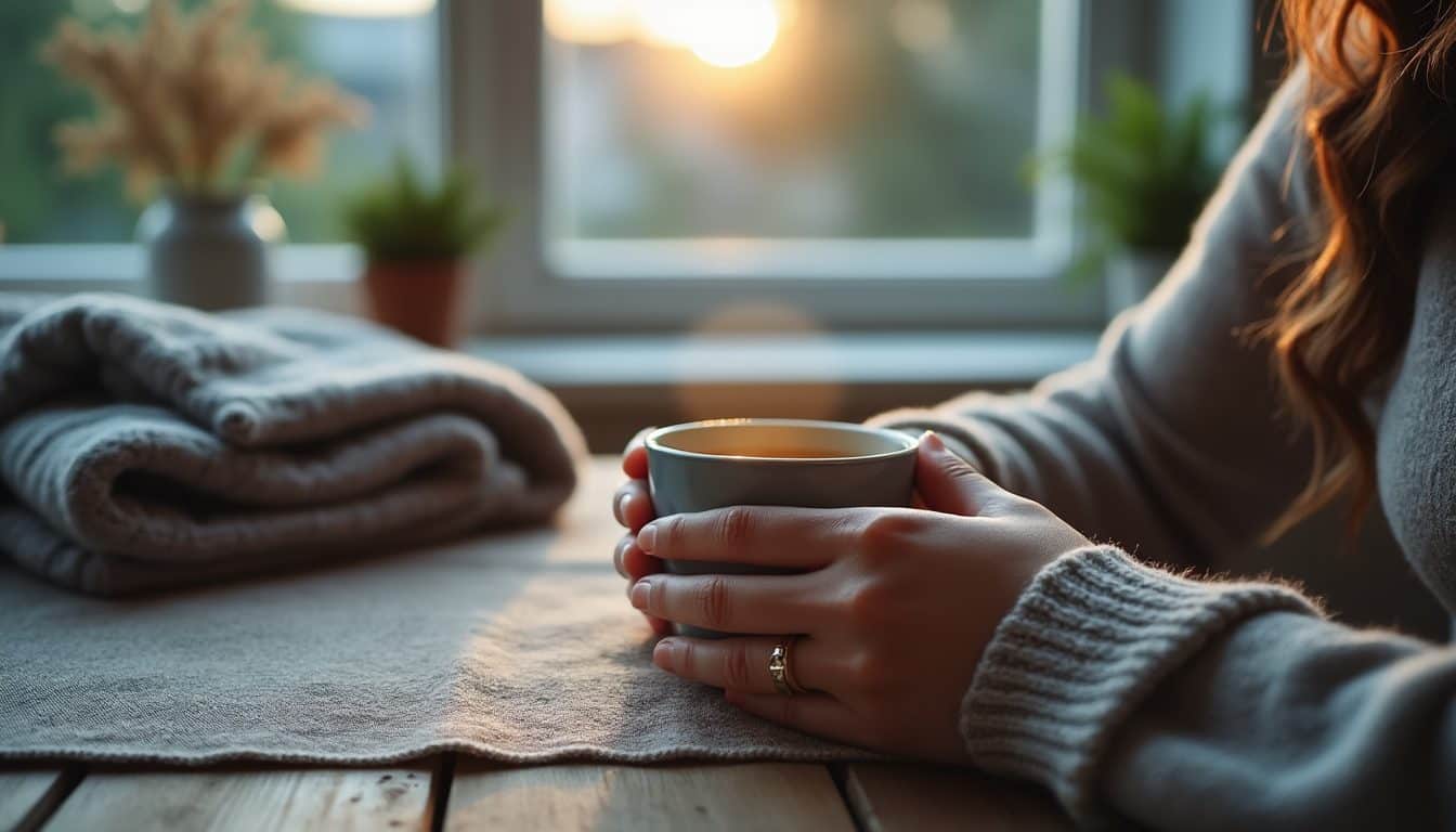 Mains tenant une tasse de thé chaude sur une table de cuisine près d'une fenêtre, dans une lumière douce du soir