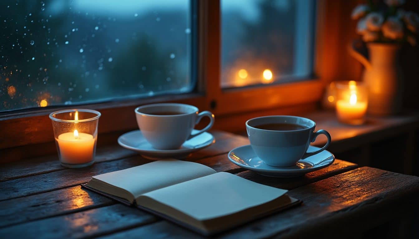 Deux tasses de thé près d'une fenêtre sous la pluie, à la lueur d'une bougie