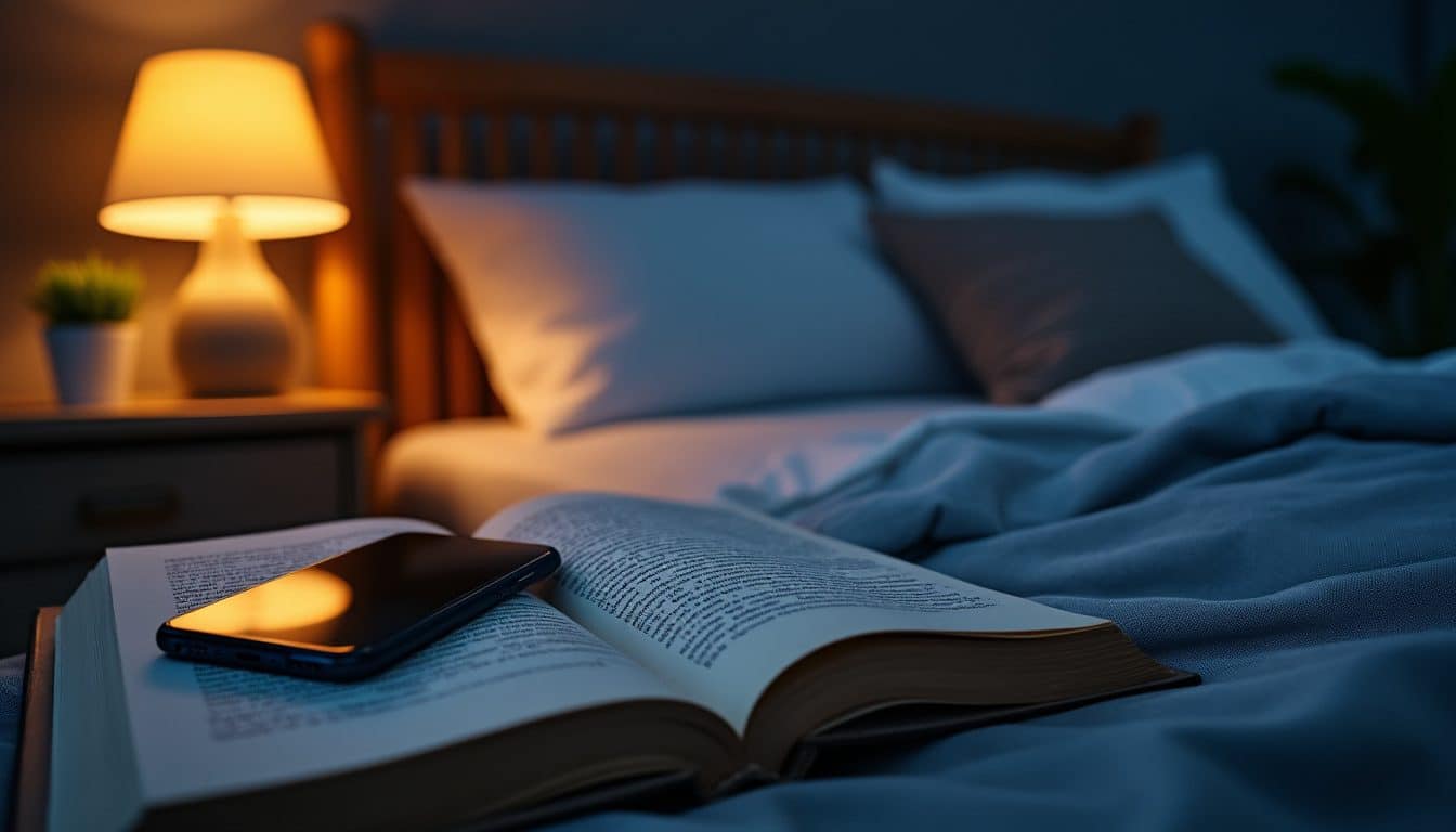 Table de chevet éclairée par une lampe douce le soir, avec un livre fermé et un téléphone retourné