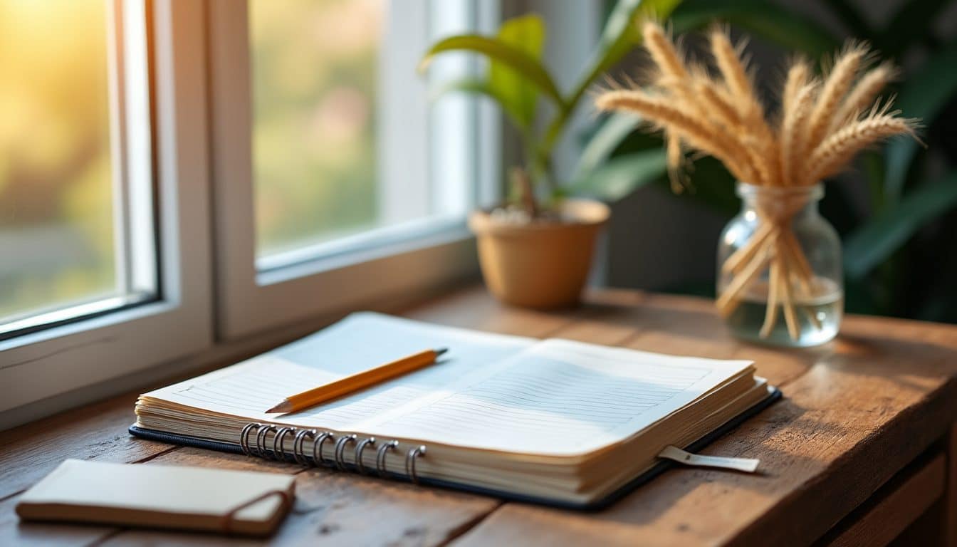 Un bureau en bois bien rangé avec un carnet fermé, un crayon et un brin de blé
