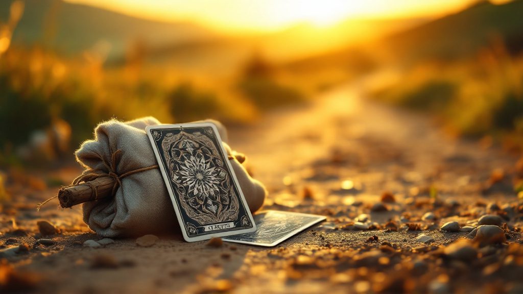 Baluchon noué au bout d'une perche et bâton rouge posés sur un chemin, avec une carte de tarot vue de dos