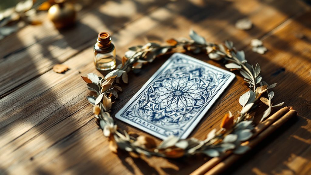 Carte de tarot vue de dos au centre d'une couronne de feuilles séchées, avec une fiole et une baguette