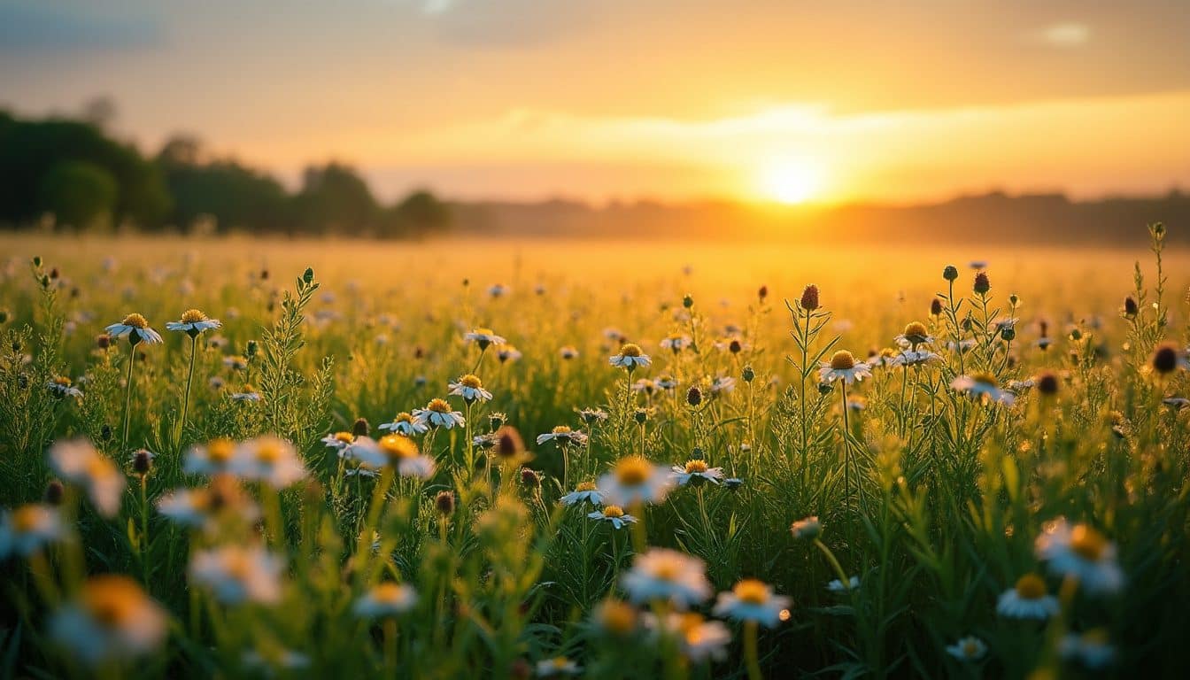 Une prairie de fin de printemps au lever du soleil, herbe couverte de rosée