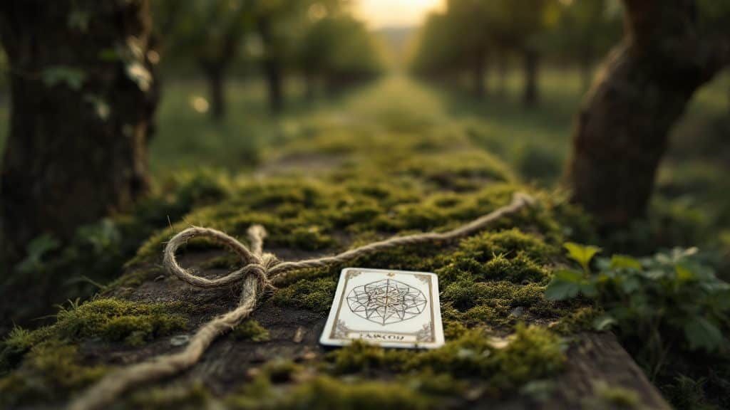 Corde nouée à une poutre entre deux troncs taillés, avec une carte de tarot vue de dos posée sur la mousse