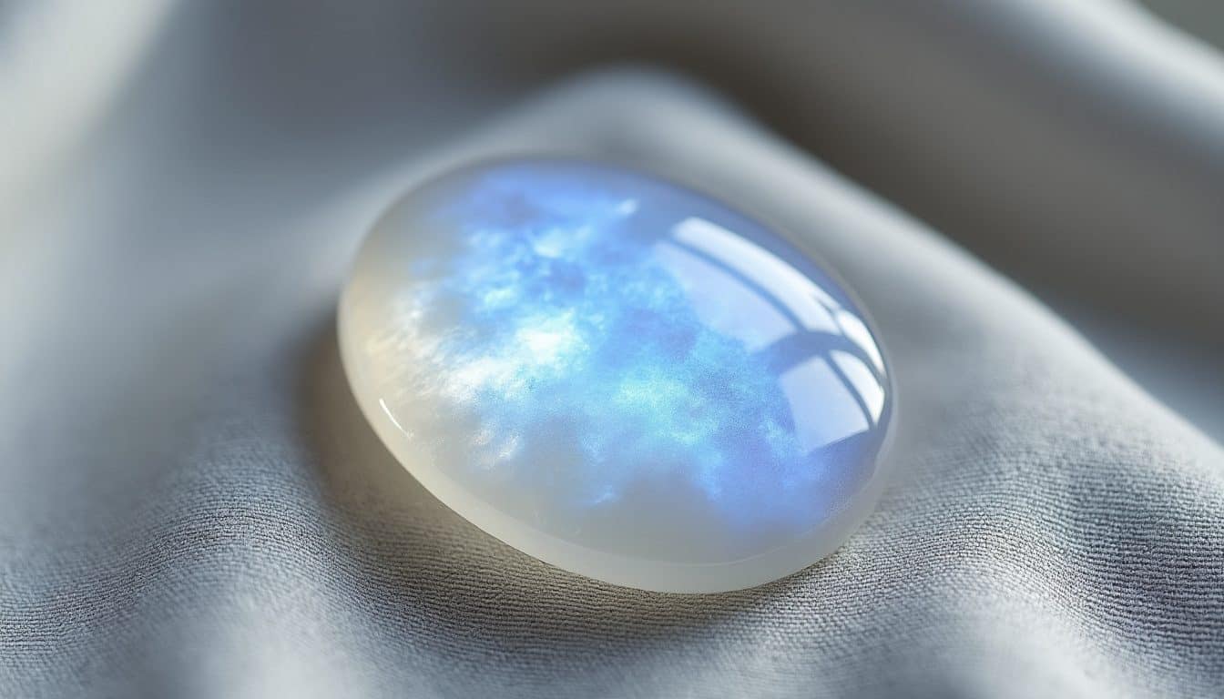 Pierre de lune polie en cabochon, au reflet bleuté, posée sur un tissu de lin gris clair