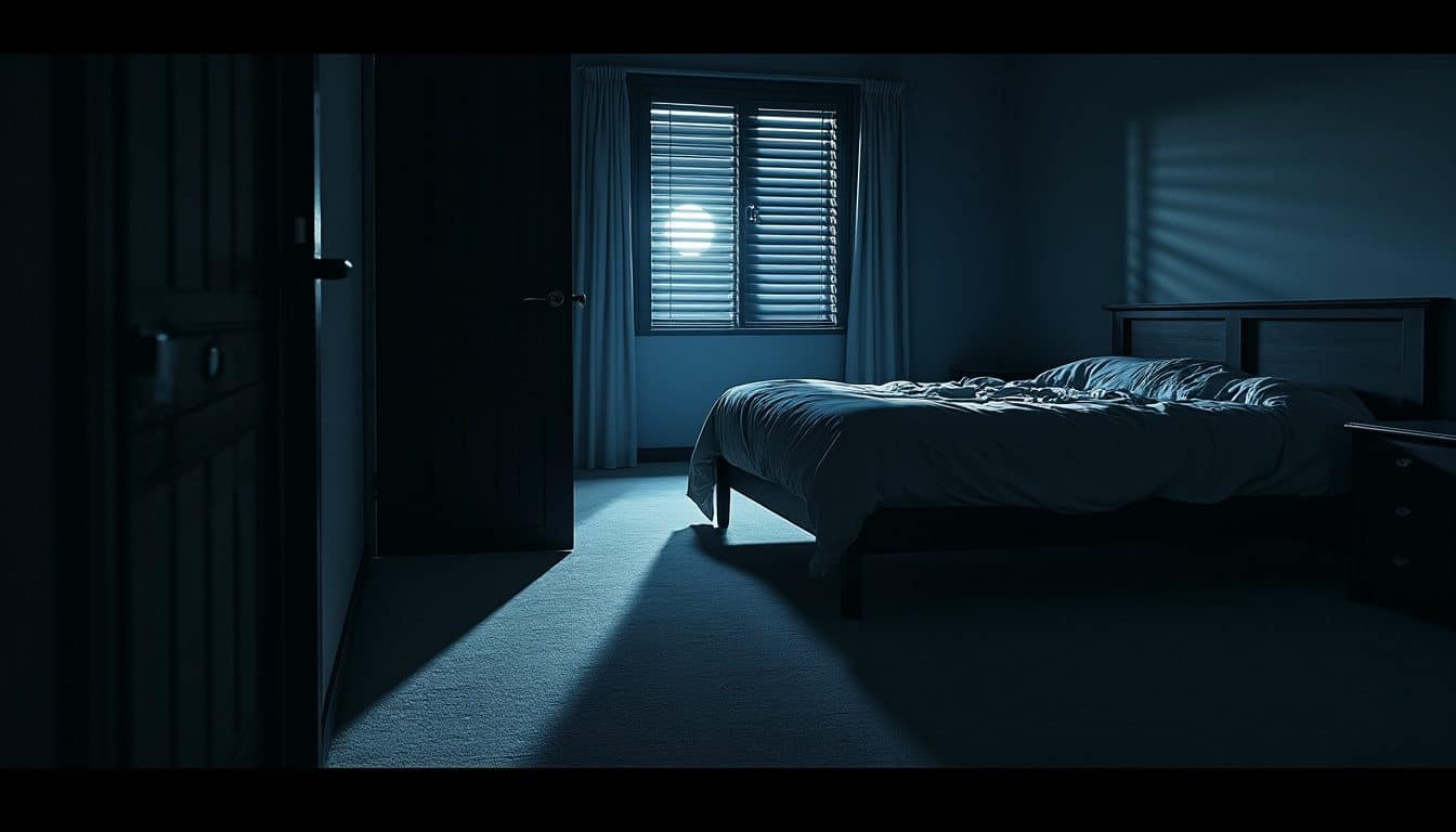 Une chambre plongée dans la nuit, traversée par des ombres de persiennes