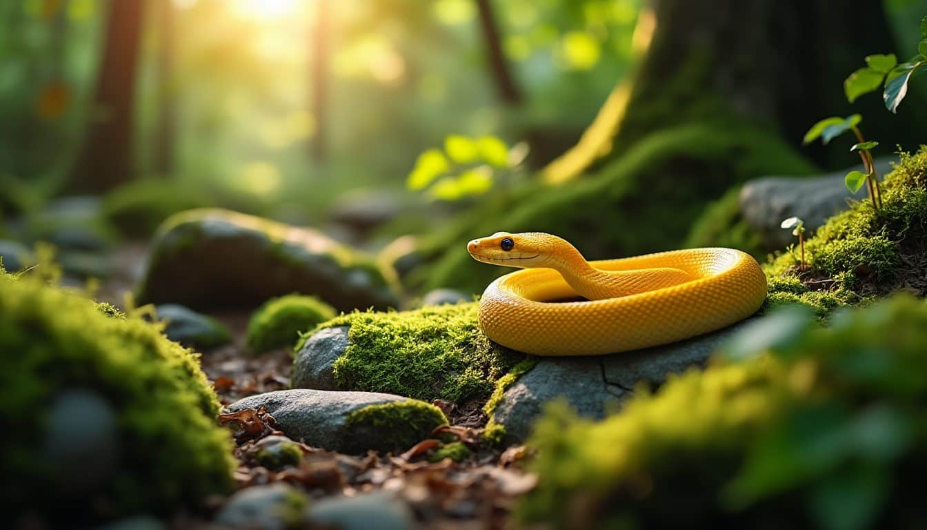 Un serpent jaune enroulé sur des pierres moussues, dans la lumière d'un sous-bois
