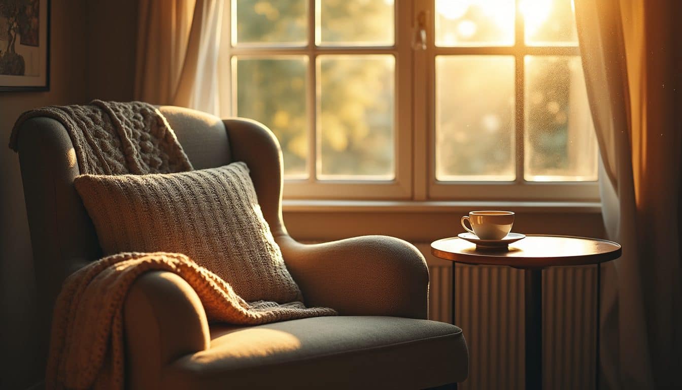 Un fauteuil vide près d'une fenêtre, dans une douce lumière du matin