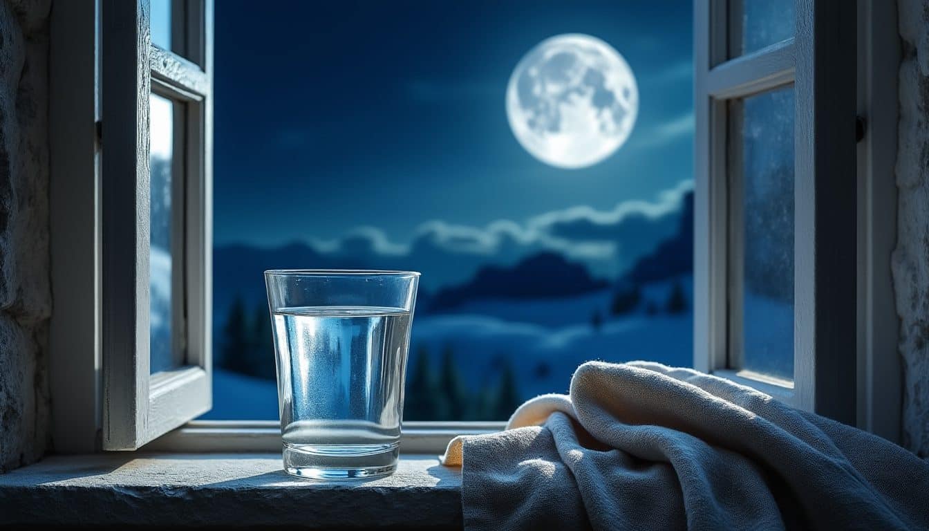 Verre d'eau posé sur un rebord de fenêtre, la pleine lune brillant dans le ciel nocturne