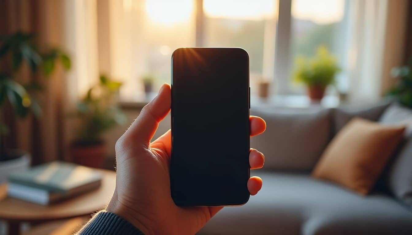 Main tenant un téléphone à l'écran sombre dans un salon baigné de lumière du matin