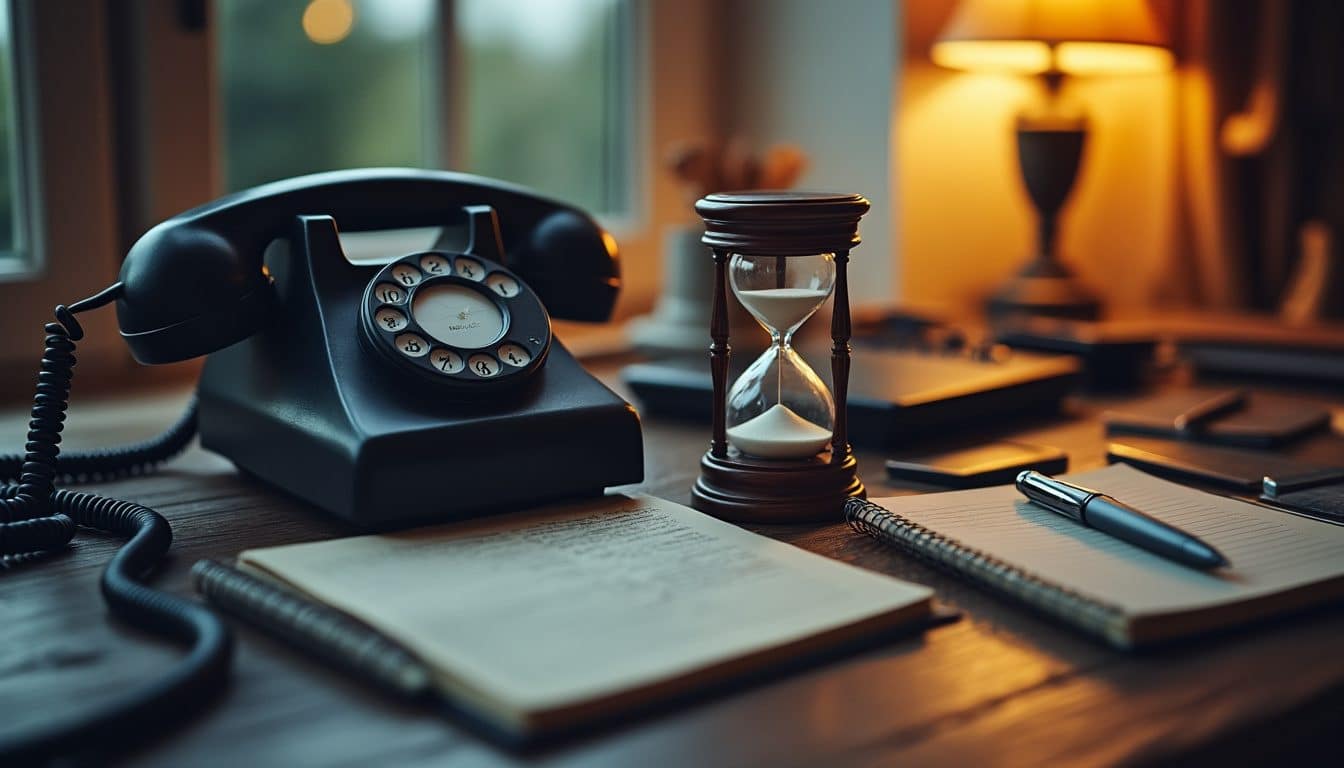 Téléphone fixe ancien et petit sablier posés sur un bureau à côté d'un bloc-notes, sous la lumière d'une lampe